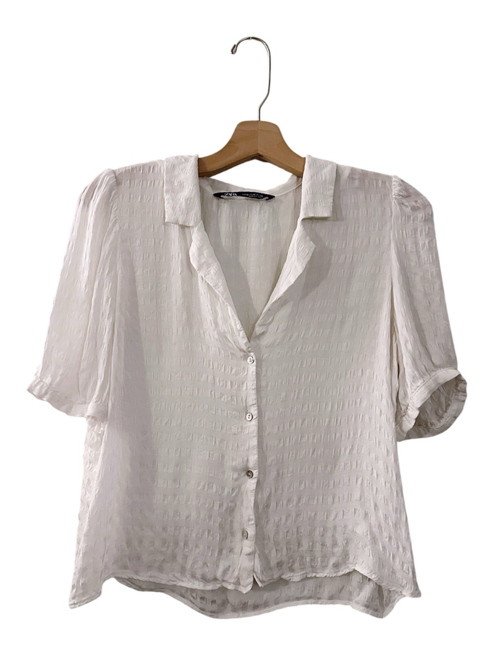 Zara Short Sleeve Blouse White Collared Textured Top - Picture 1 of 6